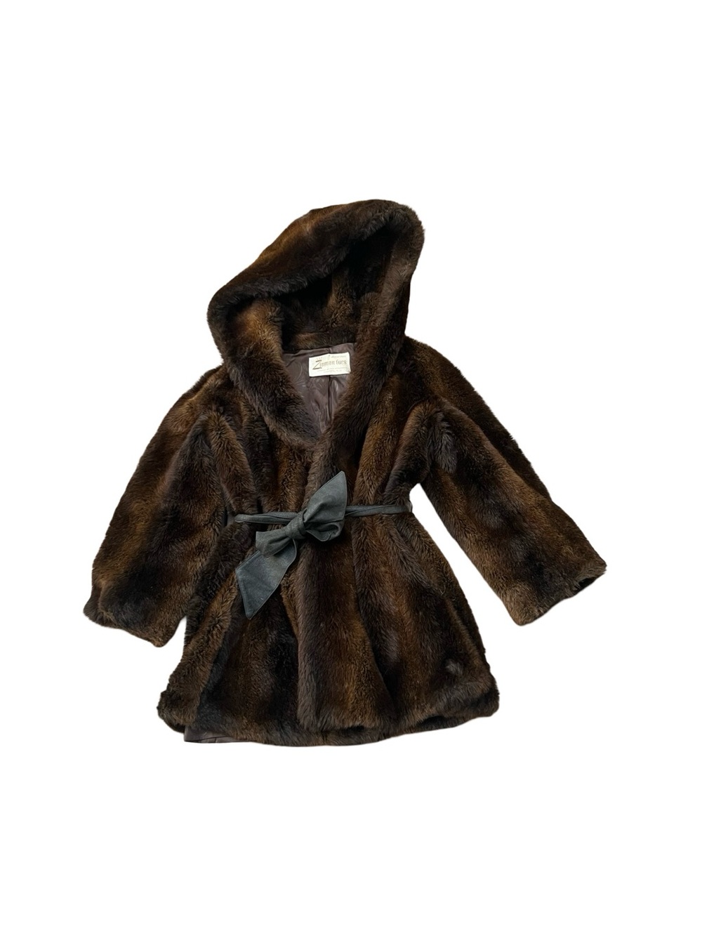 Vintage Zimmerman Furs Brown Faux Fur Hooded Coat Belted 70s Glam - Picture 2 of 7